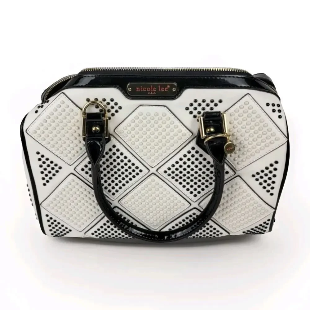 Nicole Lee Handbag White & Black Studded Purse with Shoulder Strap Size 13x9x7